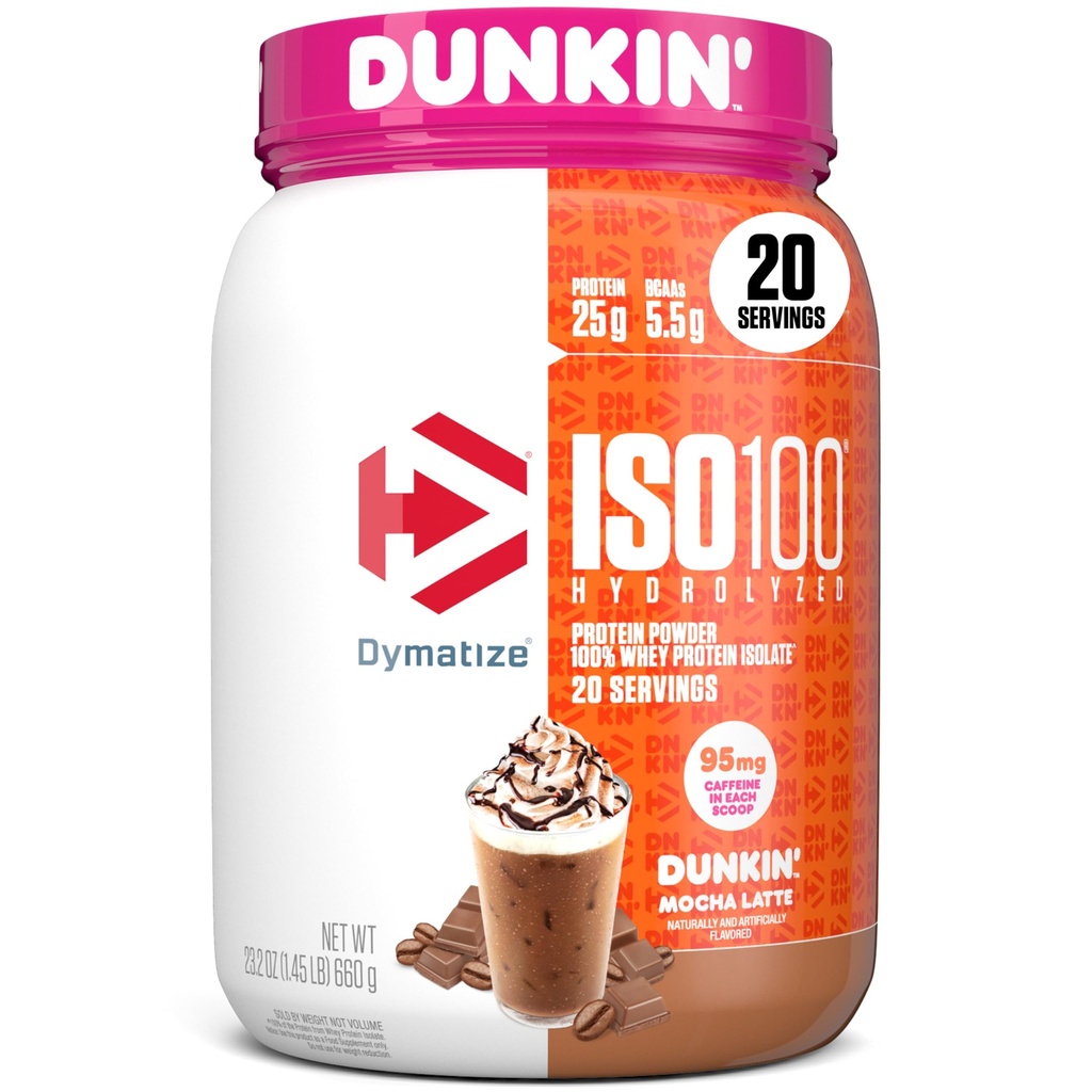 Dymatize x Dunkin' Mocha Latte ISO100 Whey Protein Powder, 95mg Caffeina, 25g di Proteine, 5.5g BCAAs, 120 Cal., Gluten Free, 1g Fat, 1g Sugar, 3g Carb (20 Servings)