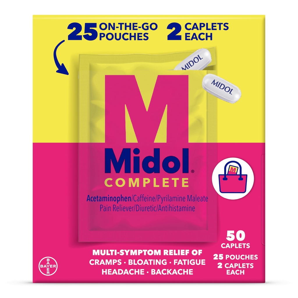 Midol Complete On The Go Caplets with Acetaminophen for Menstrual Symptom Relief, Period Cramp and Menstrual Pain Relief, 50 Count (25 Pouches of 2)