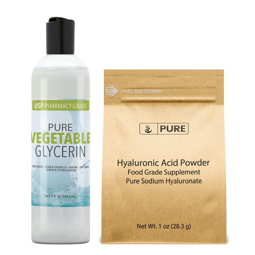 INGRÉDIENTS ORIGINAUX DE PURE Acide hyaluronique et glycérine végétale, tailles diverses, grade alimentaire, sans oder