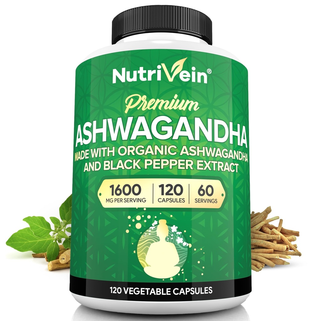 Nutrivein Ashwagandha für Herren & Frauen - 1600mg - Verbessert mit schwarzem Pfeffer - High-Absorption Root Powder Ashwagandha Ergänzungen für Mood Balance, Restful Sleep, & Focus - 120 Vegan Kapseln
