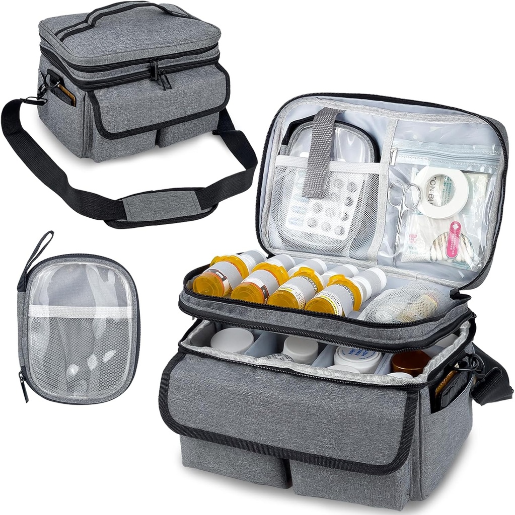 Sac de rangement en médecine, Organisateur de bouteille de pilule avec bandoulière, Boîte d'organisateur de médecine de voyage, Trousse de premiers soins avec petit sac portable, Organisateur de bouteille de médicaments vide Gris