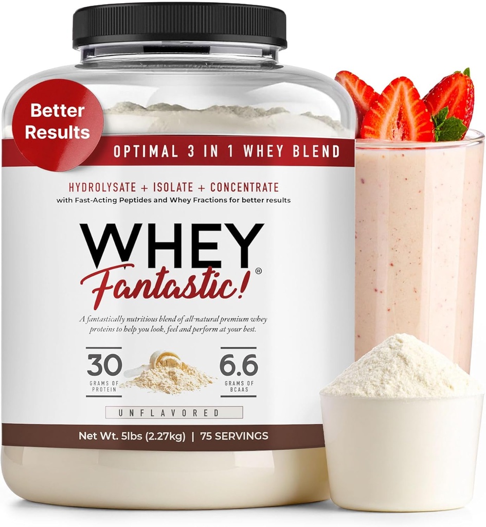 3 in-1 polvere di proteine del siero di latte non aromatizzata 5lb – 30g di proteine di erba-Fed da idrolisato di siero, isolato e concentrato per porzione – Non OGM, Soy-Free, Sugar-Free – 63 Servings