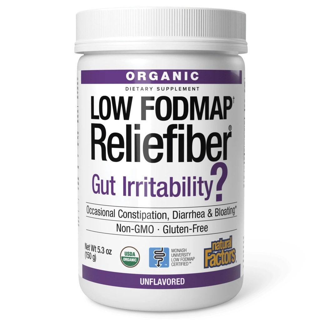 Fattori naturali Polvere organica a basso contenuto di FODMAP Reliefiber - Supplemento di supporto sanitario digestivo con fibra dietetica e solubile - Sostegno alla salute del fegato Bloating delicato - non aromatizzato, 150 g (30 porzioni)
