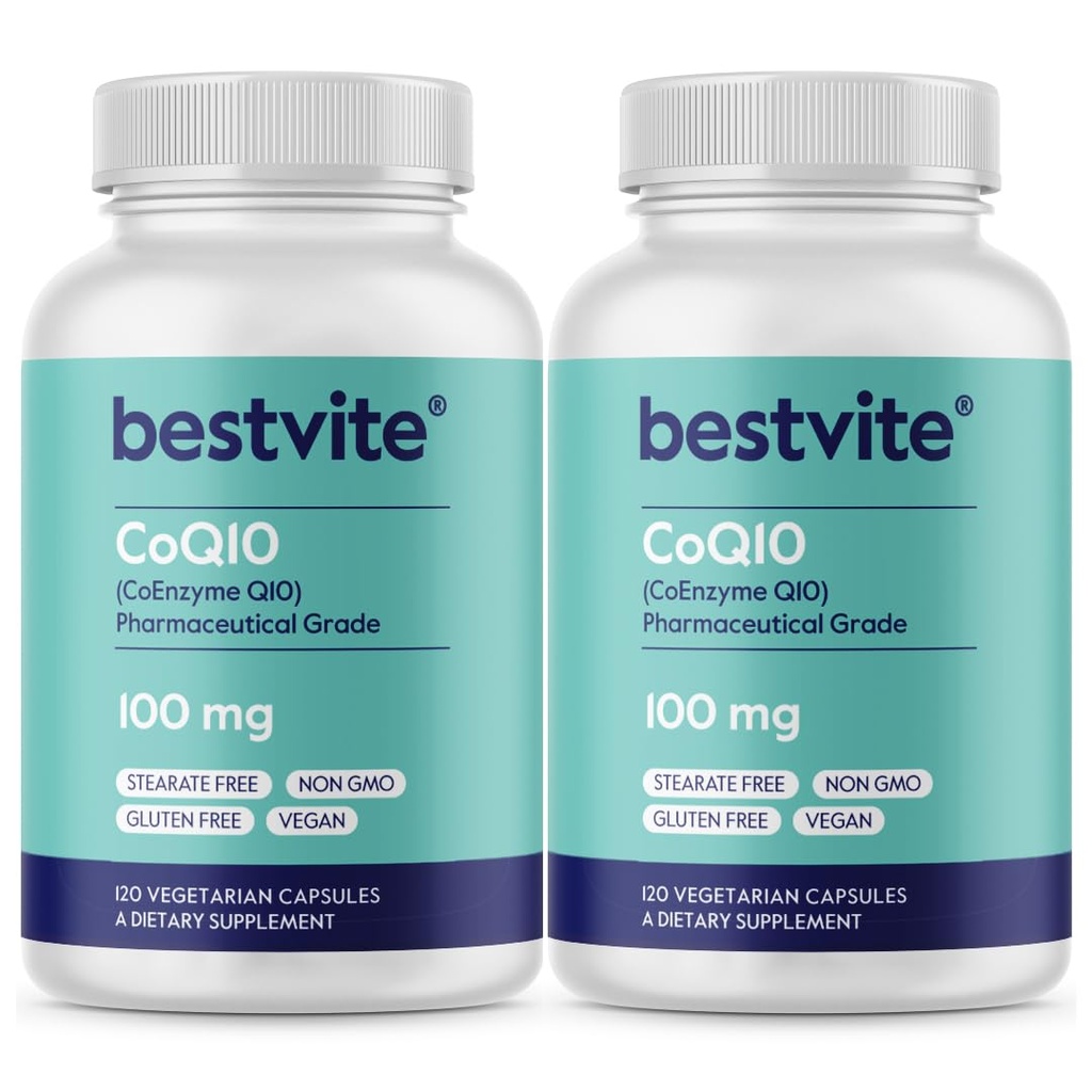 BESTVITE Coenzyme CoQ10 100mg (240 Capsules végétariennes) (2-Pack) Fermenté naturellement - Pas de stéarate - Pas de remplissage - Vegan - Non OGM - Sans gluten