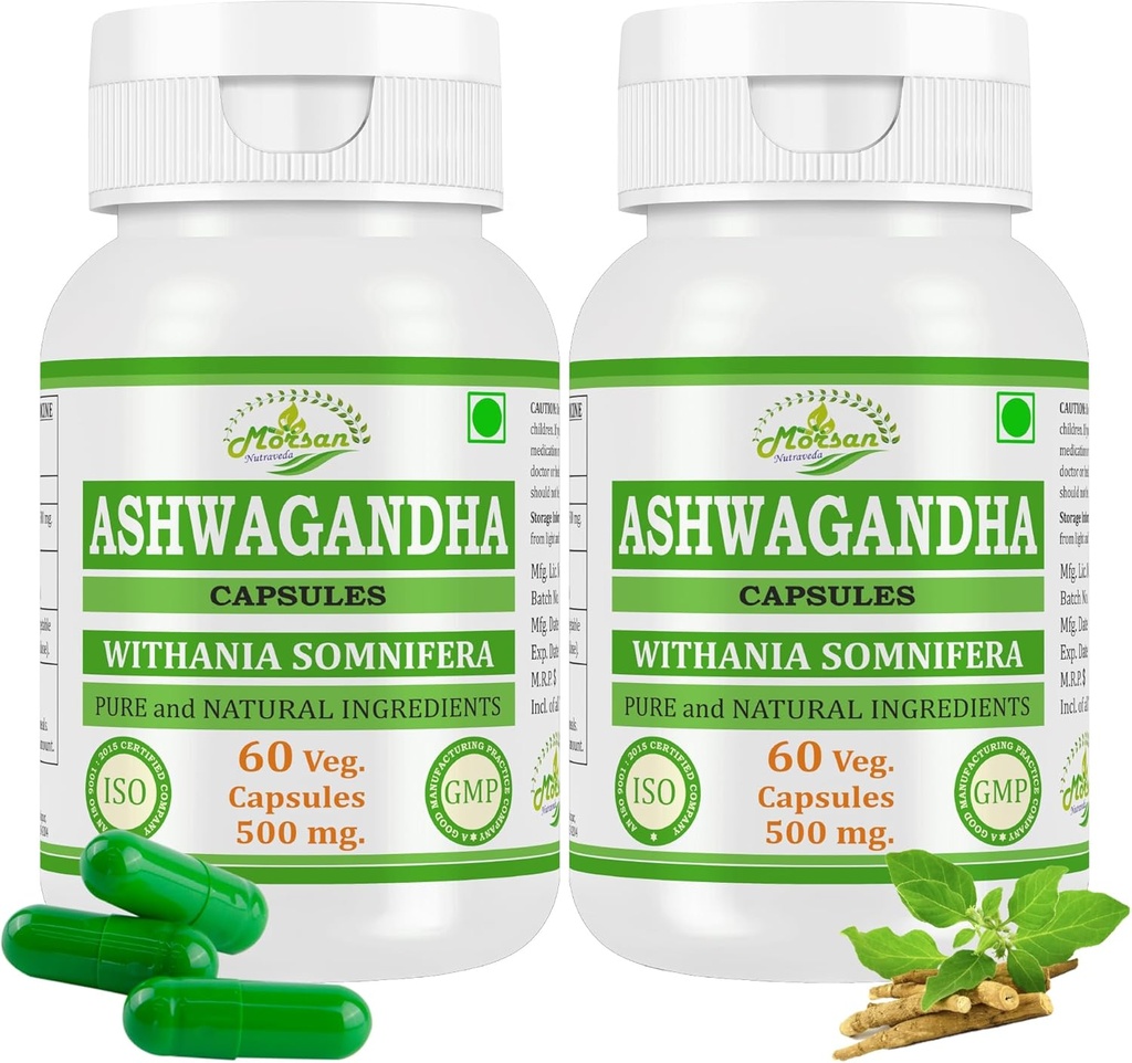 Ashwagandha (Withania Somnifera) Kapseln für Männer und Frauen | Ayurvedische Kräuterergänzung | 500 mg pro Servieren | 60 Veggie Kapseln | Hergestellt mit natürlichen Ashwagandha Wurzel (2 Flaschen von 60 Kapseln)