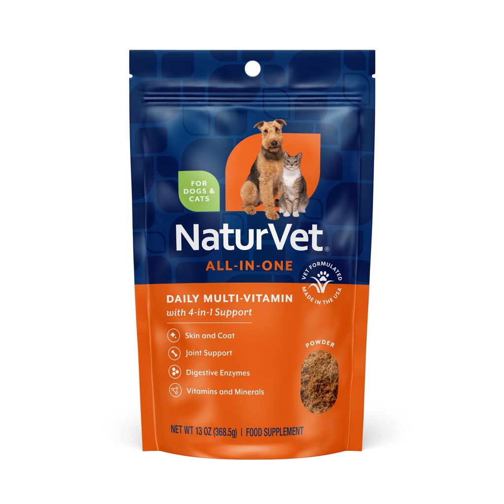 NaturVet All-in-One Dog Supplement - per il supporto congiunto, la digestione, la pelle, la cura dei cappotti – Cane Multivitaminici con minerali, Omega-3, 6, 9 – Vitamine senza grano per cani – Polvere da 13 grammi