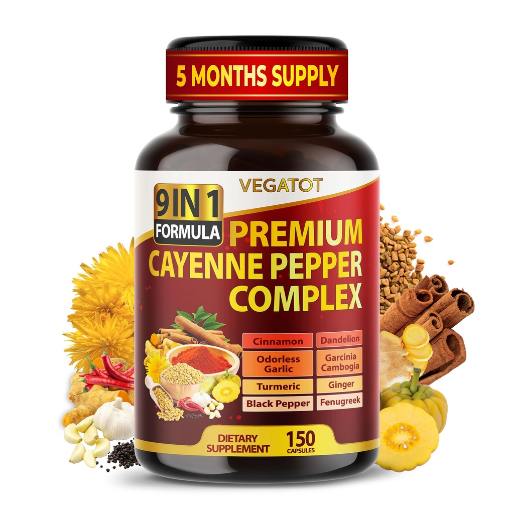 Bio Cayenne Pepper 9IN1 Complex mit Zimt, Ginger, Kurkuma für Gesamtgesundheit, Immunsystem, Verdauung Wellness (150 Count (Pack von 1))