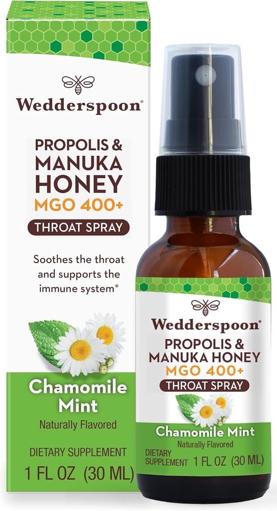 Wedderspoon Propolis and Manuka Honey Throat Spray, Camomilla & Mint, 1 Fl Oz (Pack of 1), Sore Throat Relief, Natural Immune Support