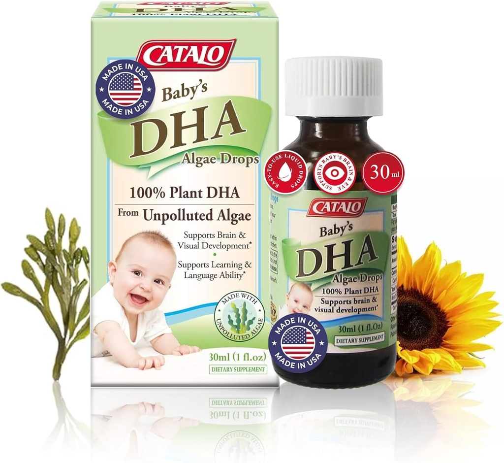 CATALO Bébés Algae DHA gouttes - Supplément Oméga-3 à base végétale pour les nourrissons - Pas d'huile de poisson, Pas d'additifs artificiels - Suppléments DHA liquides faciles à utiliser - 30ml (1 fl oz)