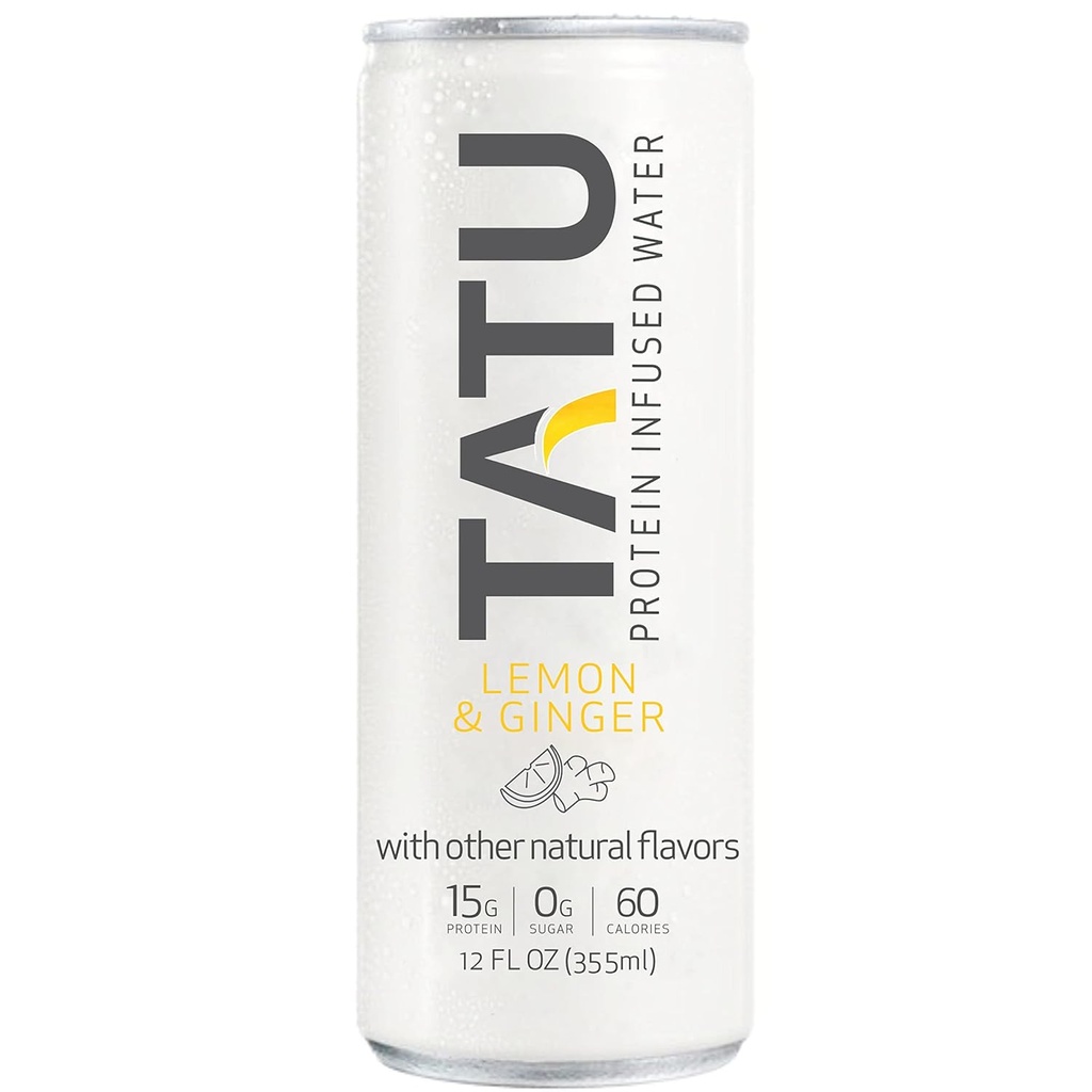 TATU Ready-To-Drink Protein Infused Water Lemon Ginger 24 Pack. 15 grammi di proteine del siero di latte isolato, 0 grammi di zucchero, solo 60 calorie. Lemon Ginger e Orange Mango. Senza glutine, senza lattosio.