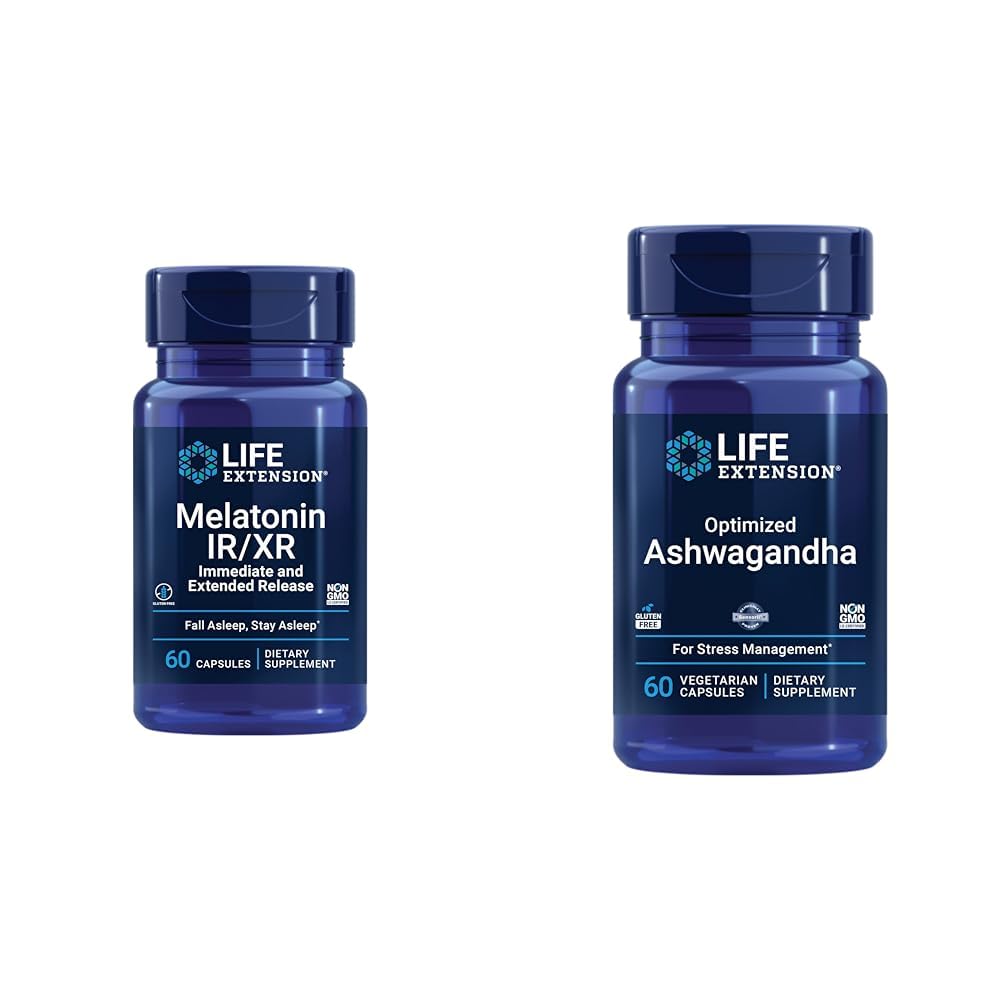 Extension de vie Melatonine IR/XR & Ashwagandha optimisé - Sommeil, soulagement du stress, Focus, Mémoire - 60 Capsules