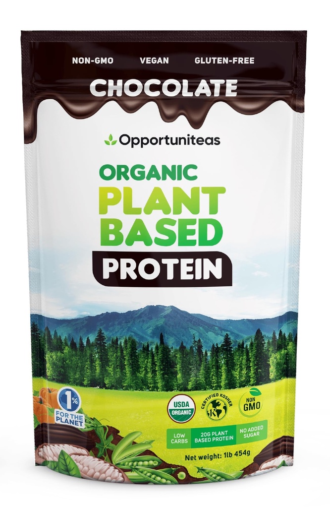 Opportuniteas Organic Plant Based Protein Powder, 20g Vegan Protein aus Pea, Kürbis und Reis, kein Zucker, Non-GMO, Glutenfrei, cremige Schokolade, 1 lb