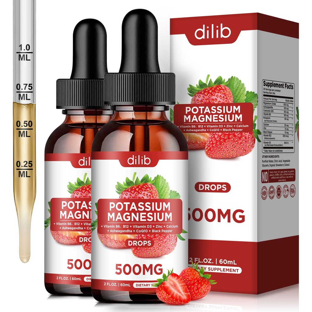 Supplément de citrate de magnésium de potassium, gouttes de citrate de magnésium liquide 500mg avec Ashwagandha, Calcium, zinc, vitamine D3, B6, B12, CoQ10 - Soutien Calme et Bone et Muscle et Immune Santé Vegan 2 Pack