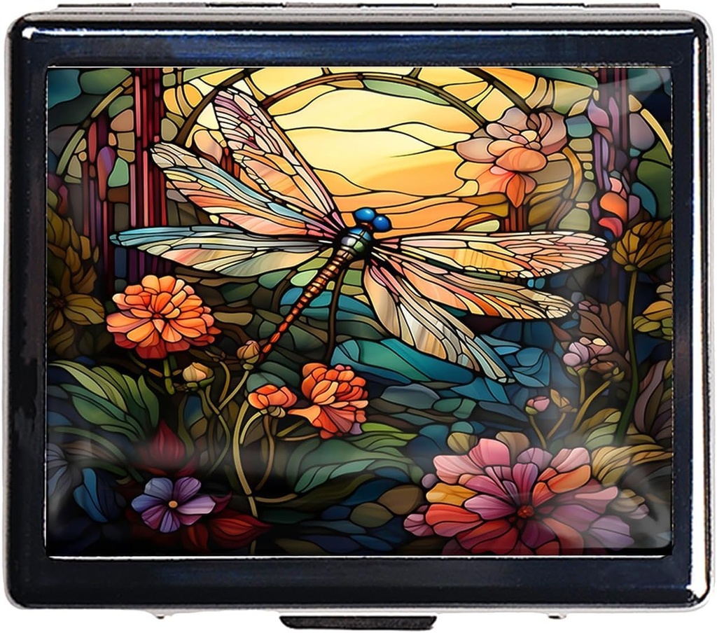 7 Days Chromed Shiny Silver Pill Organizer with Mirror Inside Has 8 Separate Compartments Rectangle 7 Days Pill Box Pill Case (Dragonfly Stained Glass)