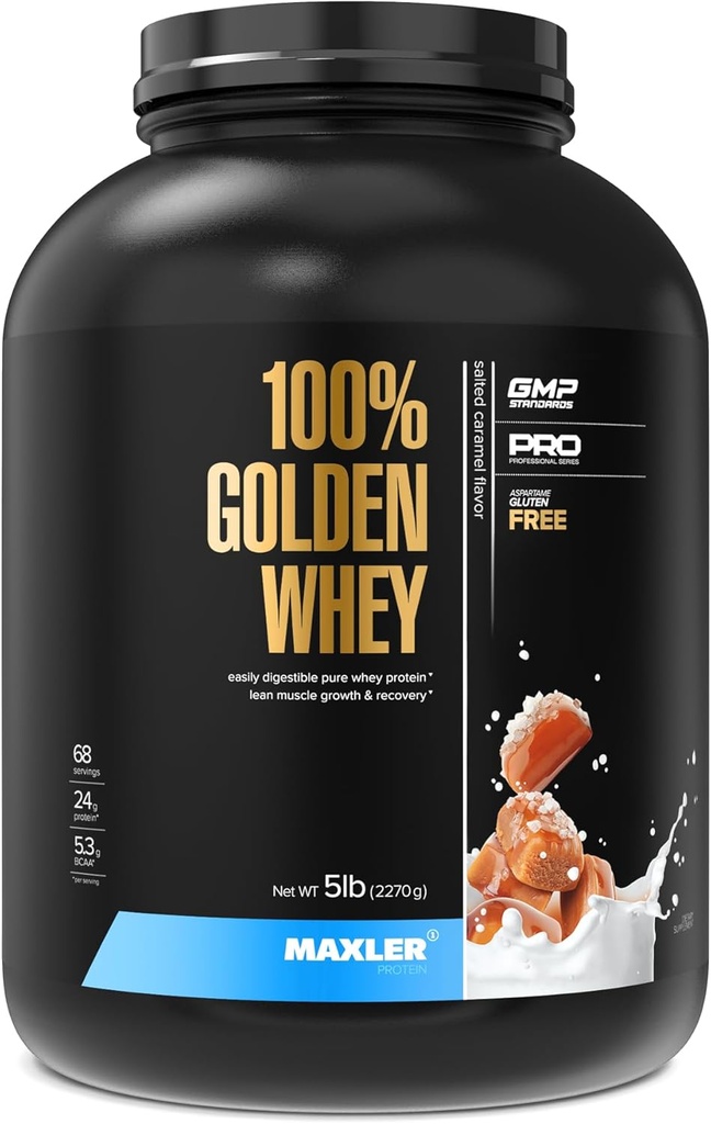 Maxler 100% Golden Whey Protein - 24g di Proteine per Serving - Polvere di proteina di siero Premium per l'allenamento pre post - Concentrato di siero rapido-assorbente, Isolate & Hydrolysate Blend - Caramel salato 5 lb