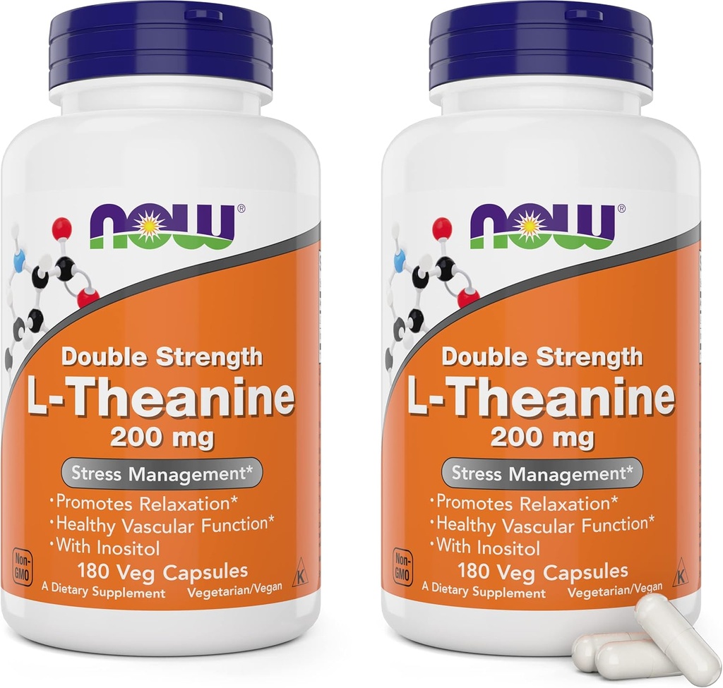 NOW Foods L-teanina, doppia resistenza 200 mg Per Cap - 180 capsule di veg (pacchetto di 2) (360 tappi totali) - potenziato con 100mg Inositol - Vegetariano, Non OGM - Ltheanine 200mg supplemento