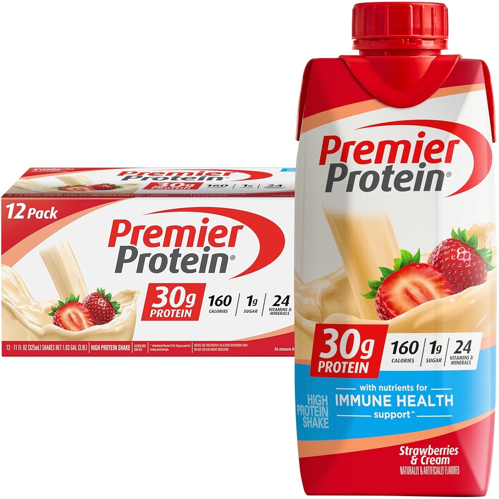 Premier Protein Shake, Fragole & Cream, 30g Protein, 11 fl oz, Confezione da 12 (Piccola Varia May)