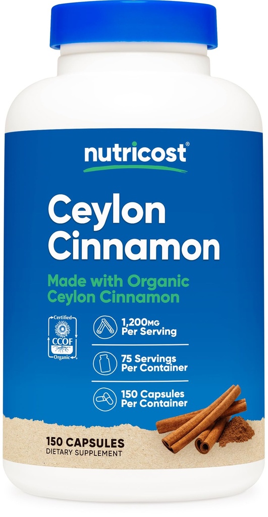 Cinnamon biologique Nutricost (Céylan cannelle) 1 200 mg portion, 150 capsules - sans gluten, non-OGM
