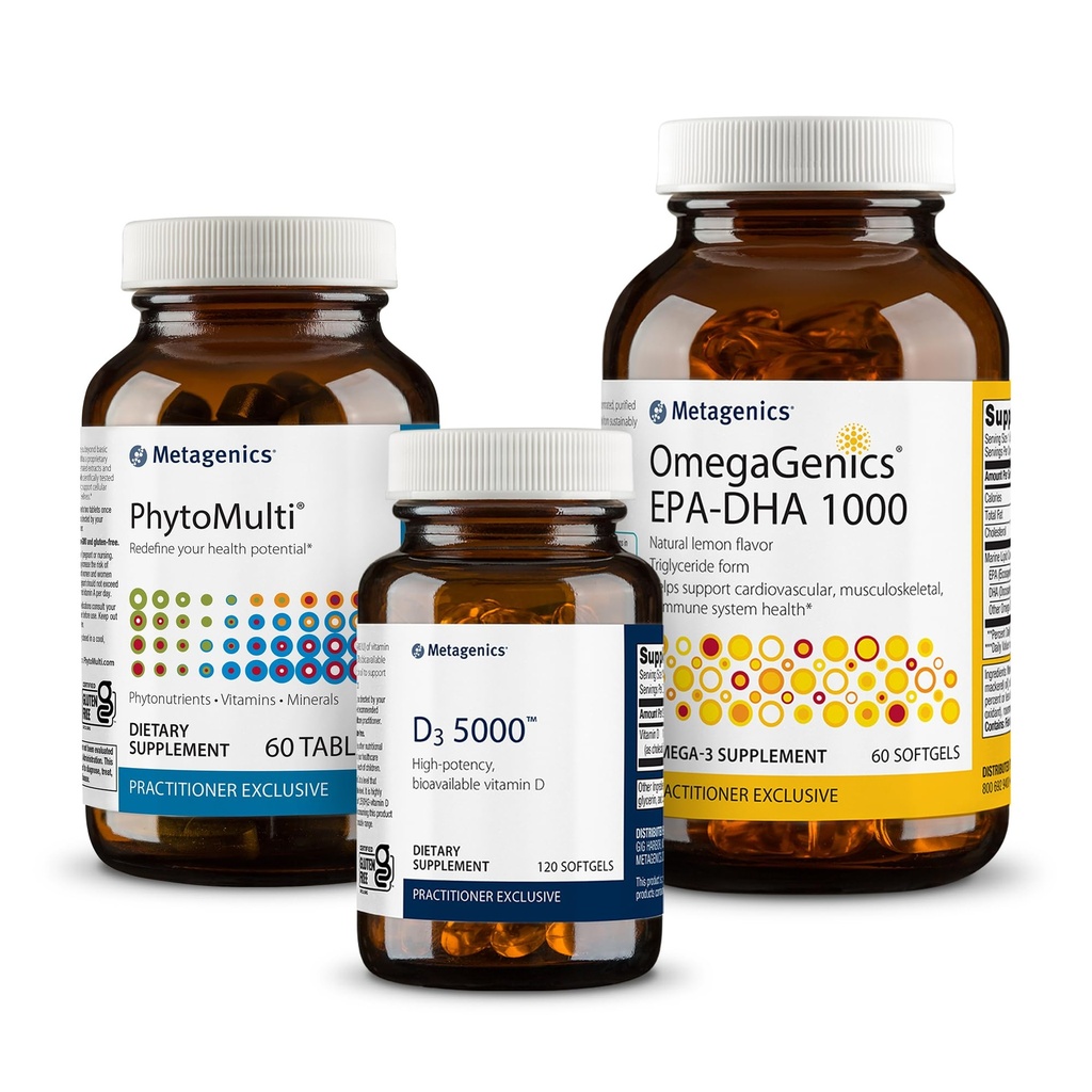 Metagenics PhytoMulti ohne Eisen - 60 Tabletten, OmegaGenics EPA-DHA 1000-60 Softgels, D3 5000-120 Softgels