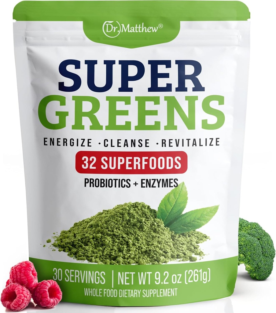 Polvere di succo verde. Supergreens Superfood Powder. Detox Greens for Bloating and Digestion. Polvere di verdure con probiotici e enzimi. Clorella, Spirulina, erba di grano, Ashwagandha. 32 Superfoods