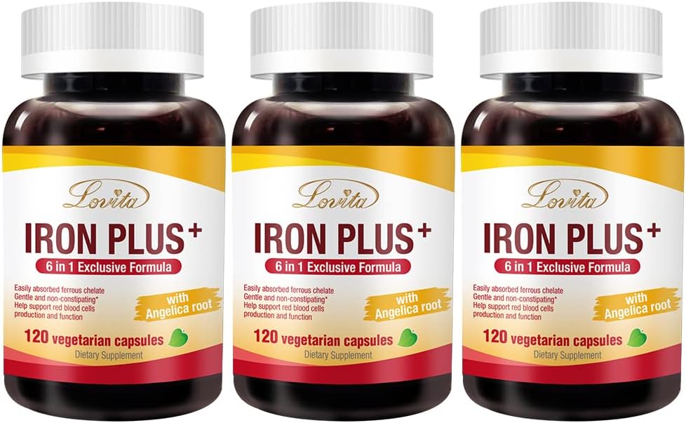 Lovita Iron 18 mg, 6 en 1 supplément de fer pour les femmes, avec vitamine C, Dong Quai & B12, Vitamine végétalienne pour soutenir la production de globules rouges sans constipation, 120 capsules (paquet de 3)