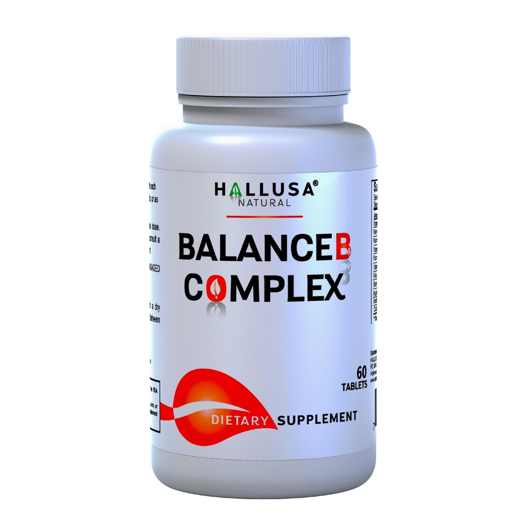 Hallusa Natural Vitamin B Complex mit Biotin, B12, B6, B5, B3, B2 – Energy, Metabolism & Hair Support 60 Tablets – Tägliche B-Komplex-Ergänzung mit Folsäure, Inositol & Choline