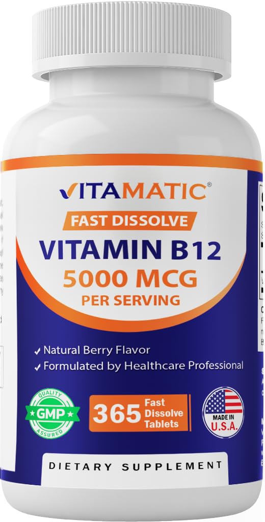 Vitamine Vitamatique B12 5000 mcg – 365 Comprimés à dissolvoir rapide Saveur de Berry – Soutient la production d'énergie et le système nerveux santé – Non-OGM, sans gluten