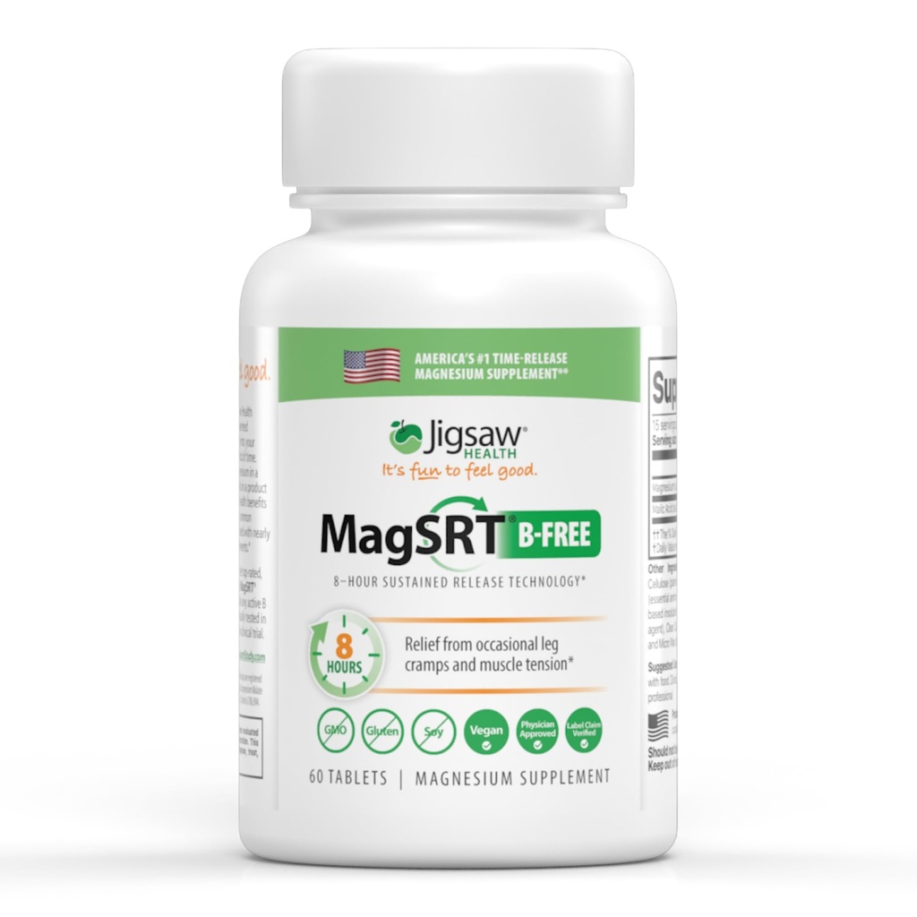 Jigsaw Health MagSRT (B-Free) | Premium, Organic, Slow Release Magnesium Supplement | Aktiv, Bioverfügbar Magnesium Malat Tabletten | 60 Tabletten | 15 Servietten