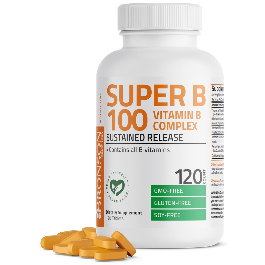 Bronson Super B100 Vitamin B Complex enthält alle B Vitamine (Vitamin B1, B2, B3, B6, B9 - Folsäure, B12), 120 Tabletten
