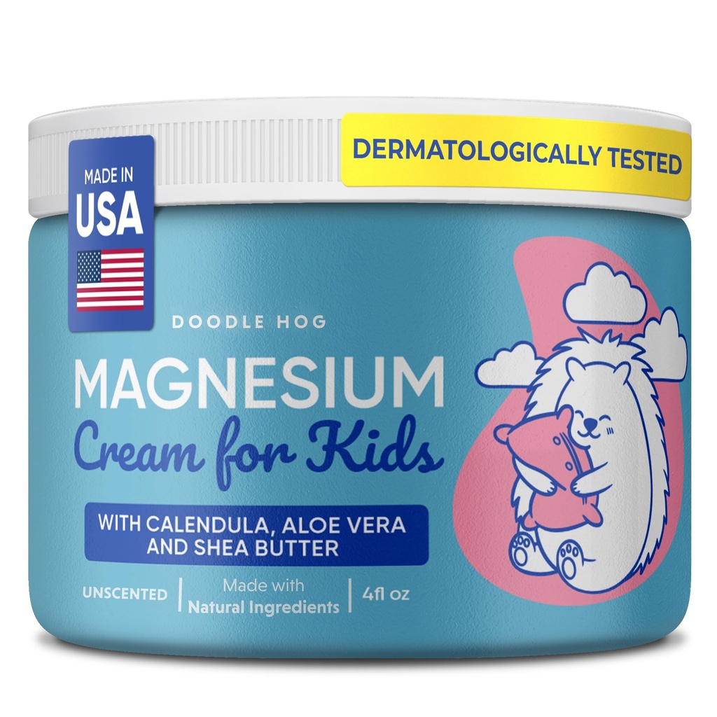 Crema di Magnesio DOODLE HOG per bambini - Rilassamento e Rilassamento allenitivo con Calendula, Aloe Vera, Burro di Karina - Crema di Magnesio Topico per il Sonno - USA Made - (4 oz, Unscented)