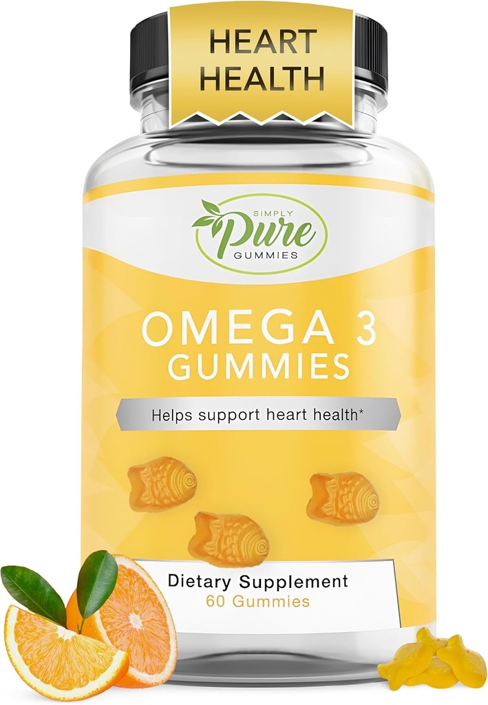 Pure By Nature Omega 3 Gummis für Erwachsene & Kinder, Omega 3 Fettsäuren Ergänzungen mit Omega 3 6 9 für zirkulierende Unterstützung, kein Fischöl Orange Flavor Omega Gummis, 60 Tage Versorgung (60 Zähler)