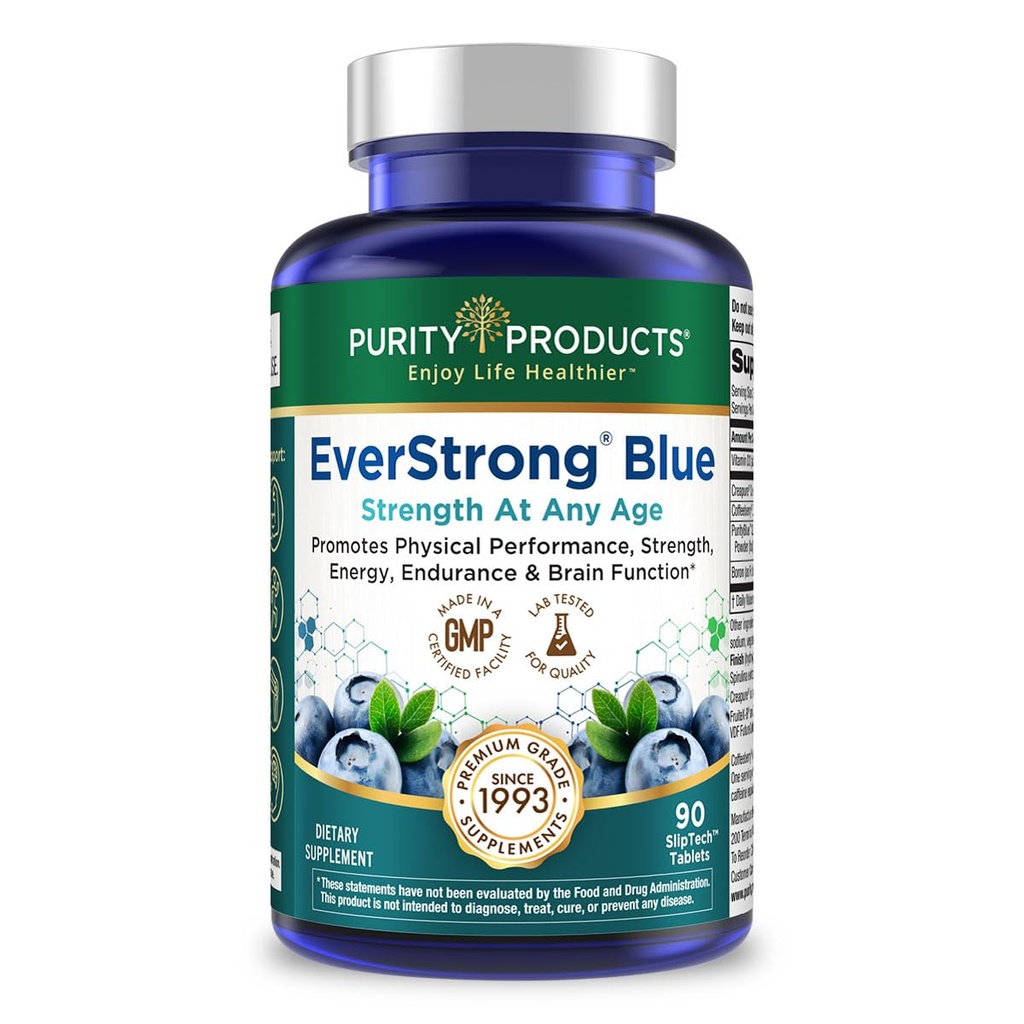 Reinheit Produkte EverStrong Blue Strength Building + Brain Boosting w/Muscle Matrix Blend ft. Kreatin Monohydrat + mehr, PurityBlue Organic Blueberry Complex, 1000 IU Vitamin D3-90 Tabletten
