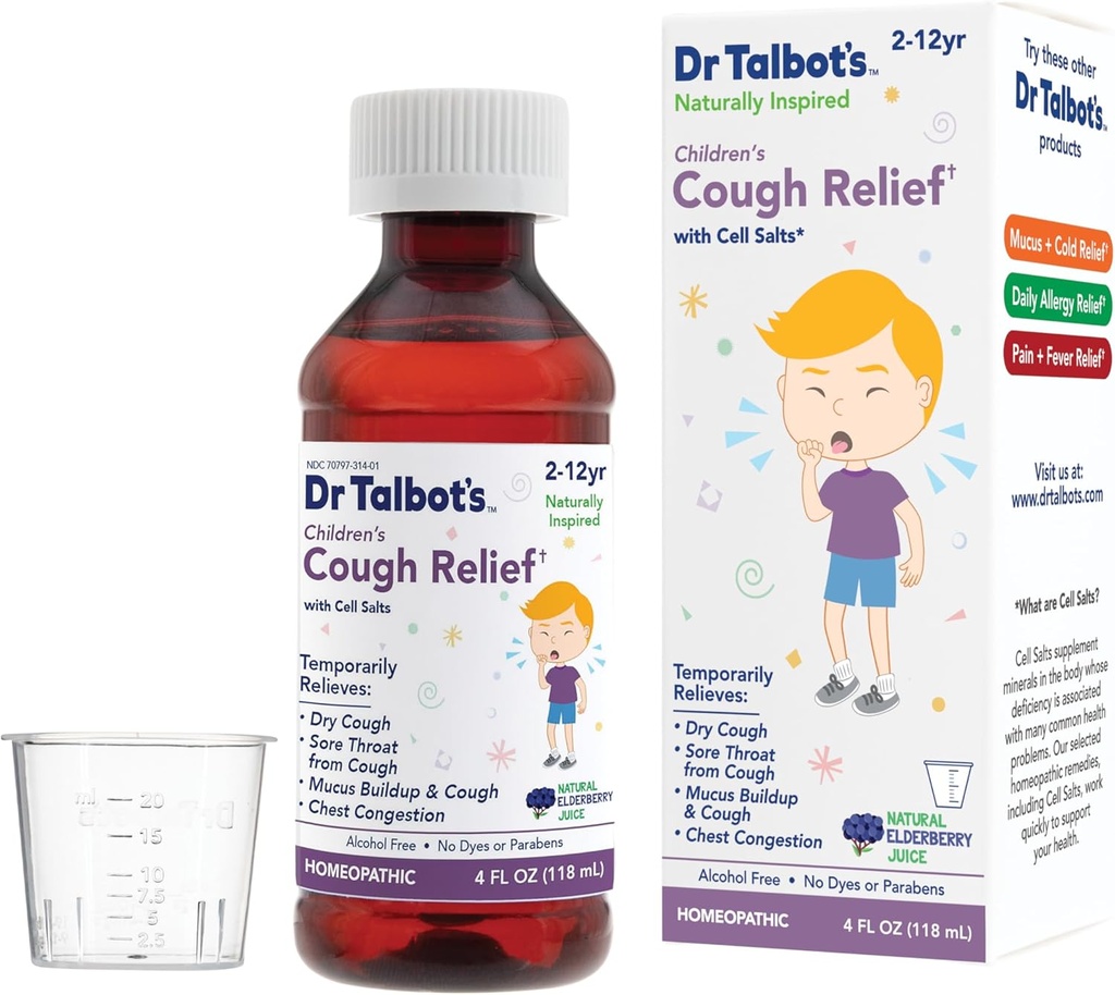 Dr. Talbot's Cough Relief Liquid Medicine con ingredienti naturali ispirati per i bambini Include Dosage Cup, Natural Elderberry Juice Flavor, 4 Fl Oz