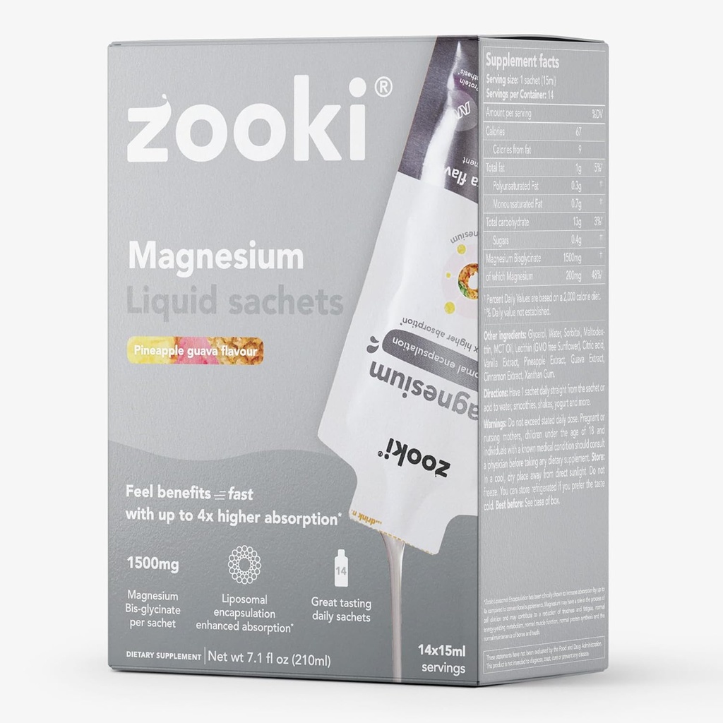 Zooki Liposomal Magnesium Glycinate 1500mg Flüssigkeit – 4X Höhere Absorption – Großer Geschmack, Zuckerfrei, Vegan – Alternative zu hochfesten Magnesium-Tabletten – Schlaf, Stress, Muskelkrämpfe (14 Servietten)