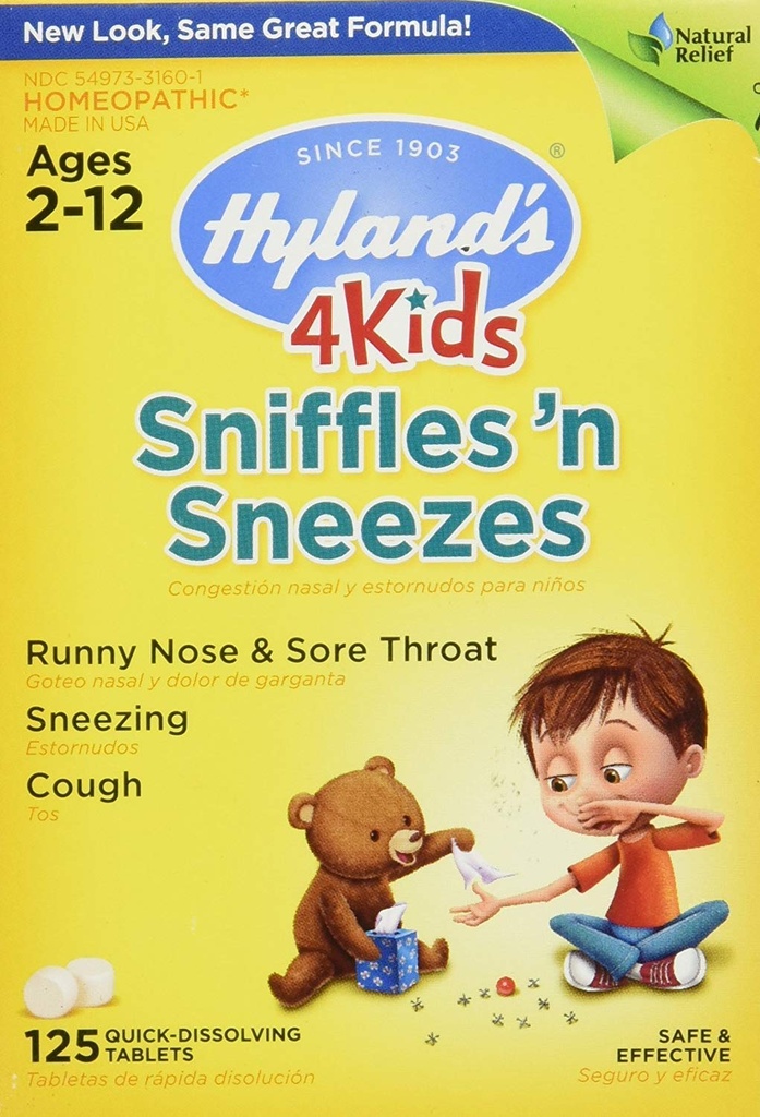 Zink für Kinder Alter 2+, Kalte Medizin Tabletten, Hyland 4 Kinder Sniffles n' Sneezes, Decongestant, Kopfschmerzen und Sinus Relief, Natürliche Behandlung für Allergie und gemeinsame kalte Symptome, 125 Zähler