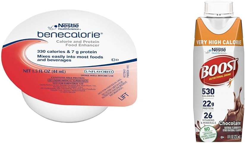 Benecalorie Calorie and Protein Enhancer - Unflavored (330 Calories, 7g Protein) - 1.5 fl oz Cups & Boost Very High Calorie Chocolate Nutritional Drink – 22g Protein, 530 Nutrient Rich Calories, 8 Fl