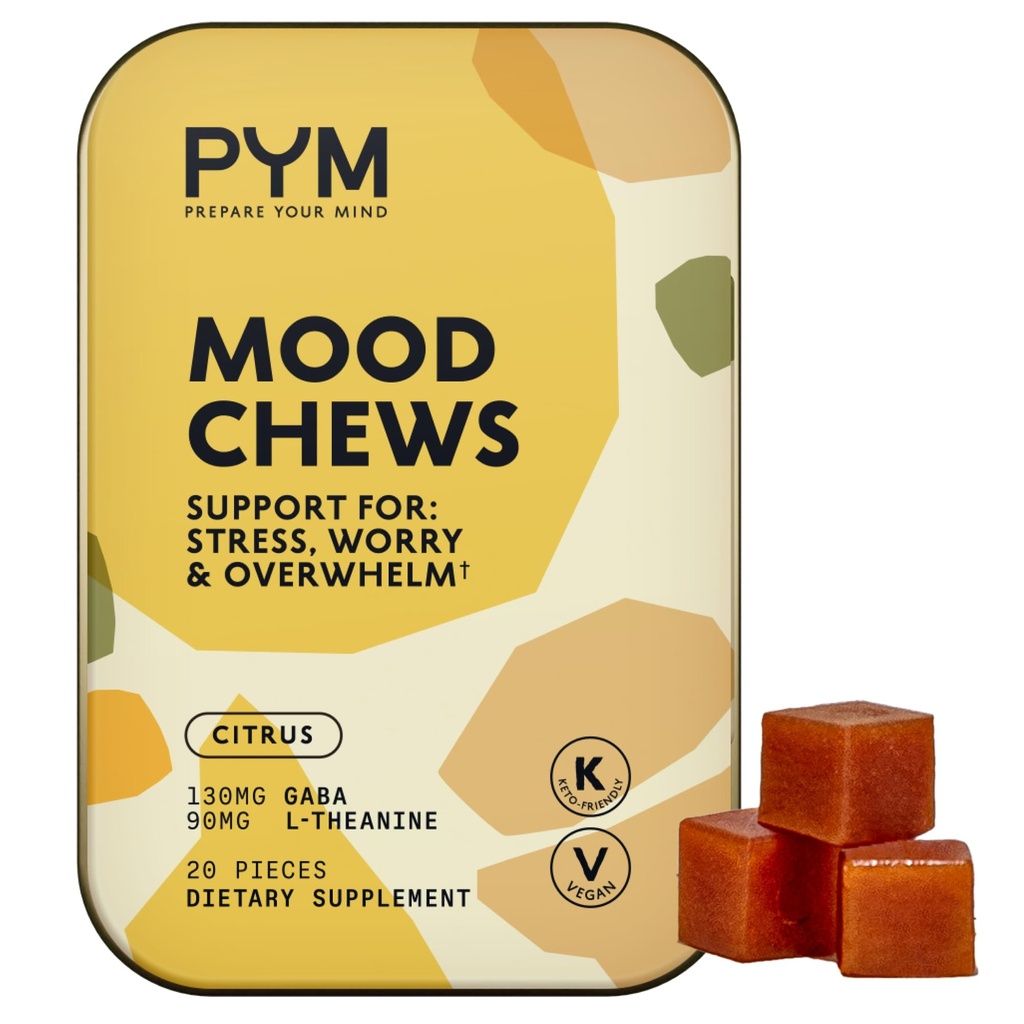 PYM Citrus Mood Chews Support pour le stress, l'inquiétude et l'overwhelm, 20 Comte: 130mg GABA, 90mg L-Theanine: Vegan, non-OGM, sans gluten, sans sucre ajouté.