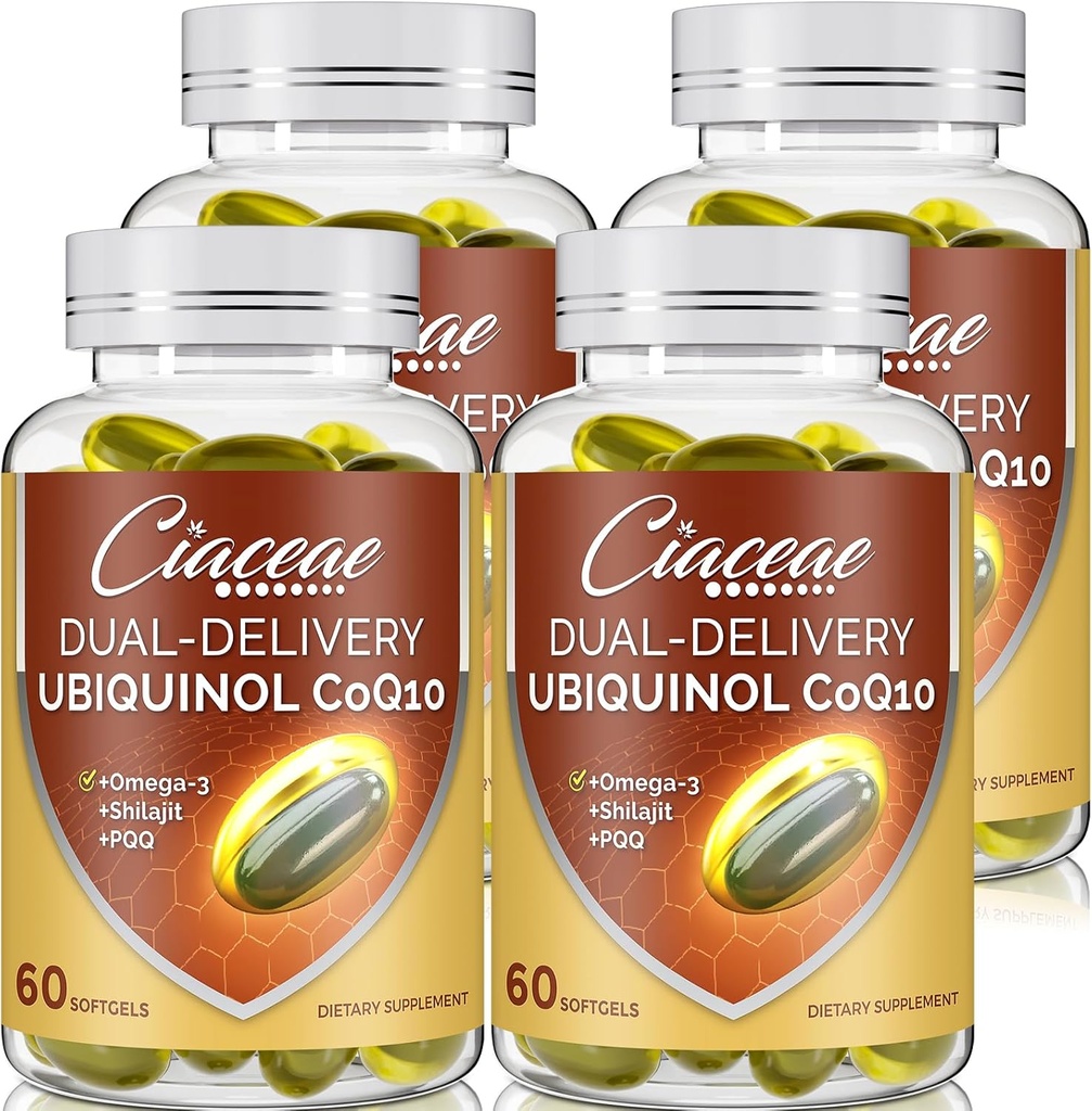Ubiquinol CoQ10 600 MG Softgels mit Omega-3 & Shilajit & PQ, Advanced Dual-Delivery Coenzyme-Q10, Active CoQ10 Ubiquinol Supplement für Fruchtbarkeit, Antioxidans, Herz, Gehirn & Energie, 240 Servierungen