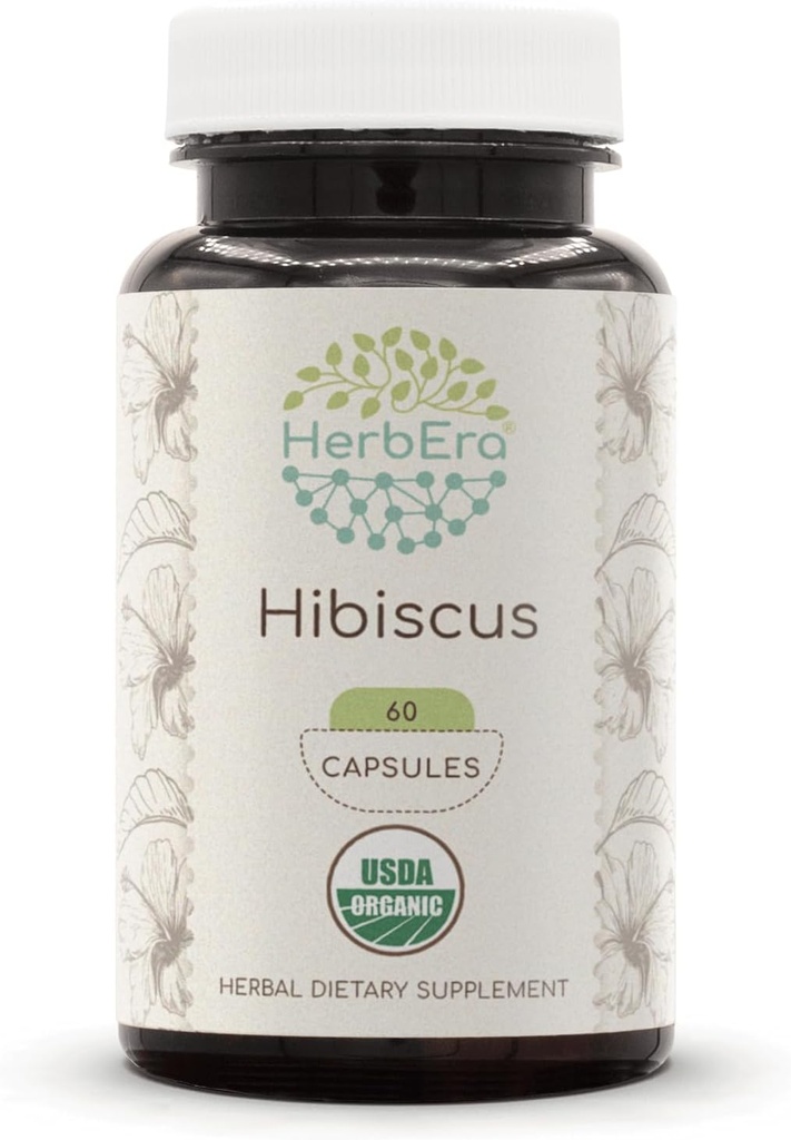 HerbEra Hibiscus USDA Organic 60 Capsule | Natural Herbal Supplement | Capsule Vegetariani Organici Certificati e Ibiscus Organico (Hibiscus sabdariffa) Dried Flower (60 Capsule)