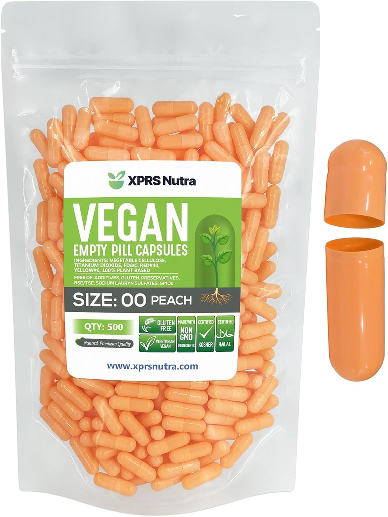 XPRS Nutra Größe 00 Leere Kapseln - 500 Zähler leere vegane Kapseln - Vegetarische leere Pillen - DIY Gemüse Kapsel Füllung- Veggie Pillen Caps (Peach)