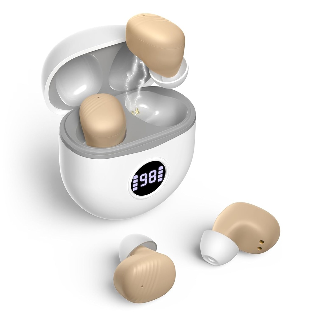 Hörgeräte, wiederaufladbare Hörgeräte für Senioren mit Lärmminderung, klein im Ohr Keine quietschenden Hörgeräte Update Maximum Gain 40dB mit Oval Charging Case LED Power Display, Beige
