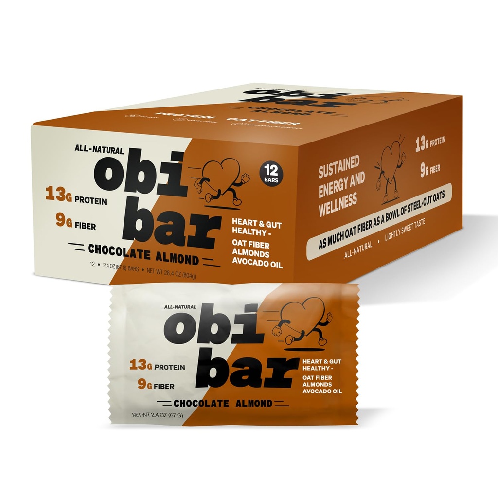 Obi Bar Chocolate Almond - Protein und Oat Fiber Bar | All-Natural | Sustained Energy | Lightly Sweet Taste | 100% Kakao, Mandel Chunks | MADE MIT AVOCADO OIL | Egg White Protein | Soy Free, Dairy Free, Keine Zucker Alkohol, keine Samen Öle  2.4 2.4oz, 12 Pack