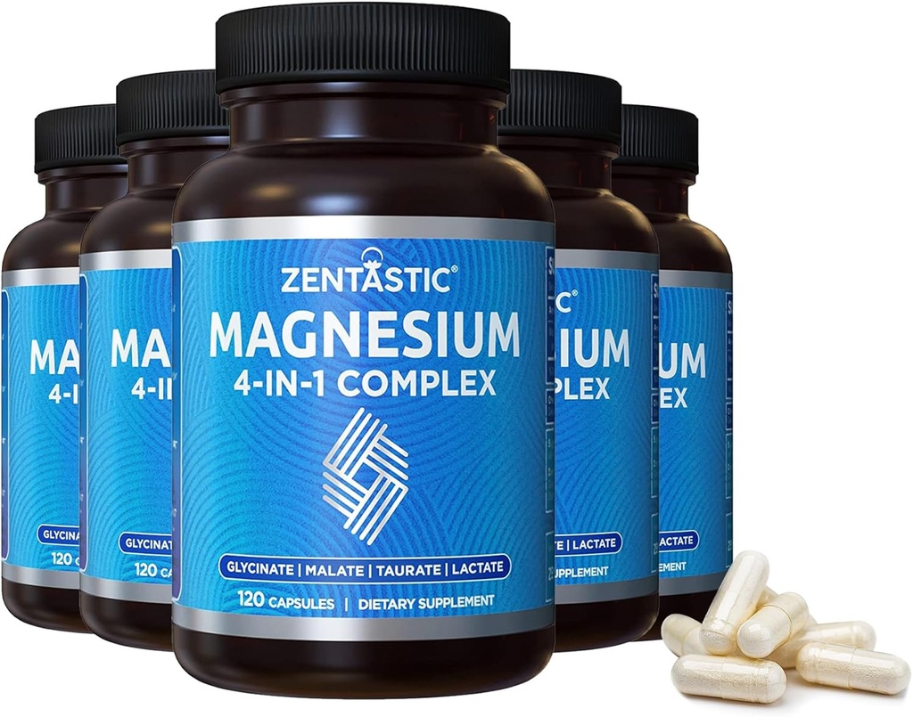Zentastic Magnesium Complex - 600 Magnesium Kapseln - Chelat Magnesium Glycinat, Malat, Taurat & Lactat - Unterstützung von Knochen, Muskeln