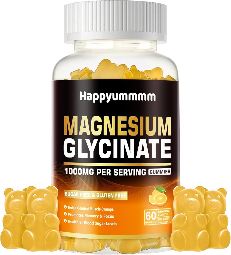 Magnesium Glycinate Gummies 1000mg - Zuckerfreie Magnesium-Kalium-Ergänzung mit Vitamin D, B6, CoQ10 für ruhige Stimmung & Schlaf-Unterstützung - 60 Orange Gummies
