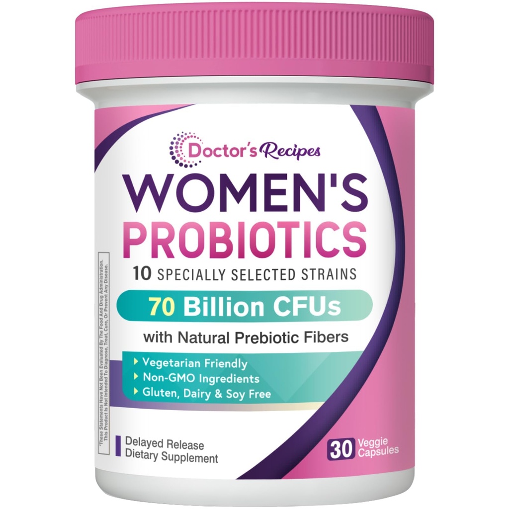 Recettes de médecin Probiotiques pour les femmes, les prébiotiques biologiques et les probiotiques, 70 milliards CFU, 10 souches, plateau stable, 30 capsules