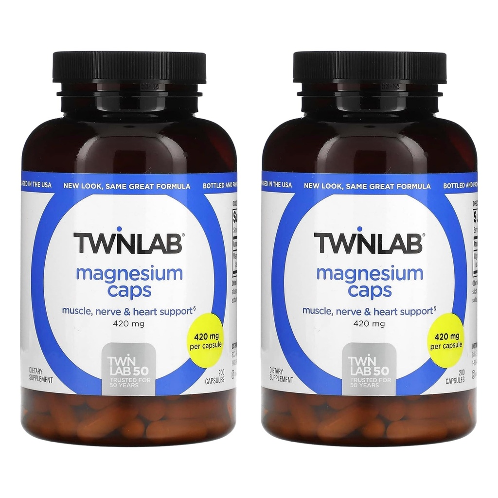 Twinlab Magnesium Caps - Hohe Absorption Magnesium Ergänzung zur Unterstützung Leg Cramps Relief - Magnesium Kapseln für Stress Relief, 420 mg, 200 Count, 2 Pack