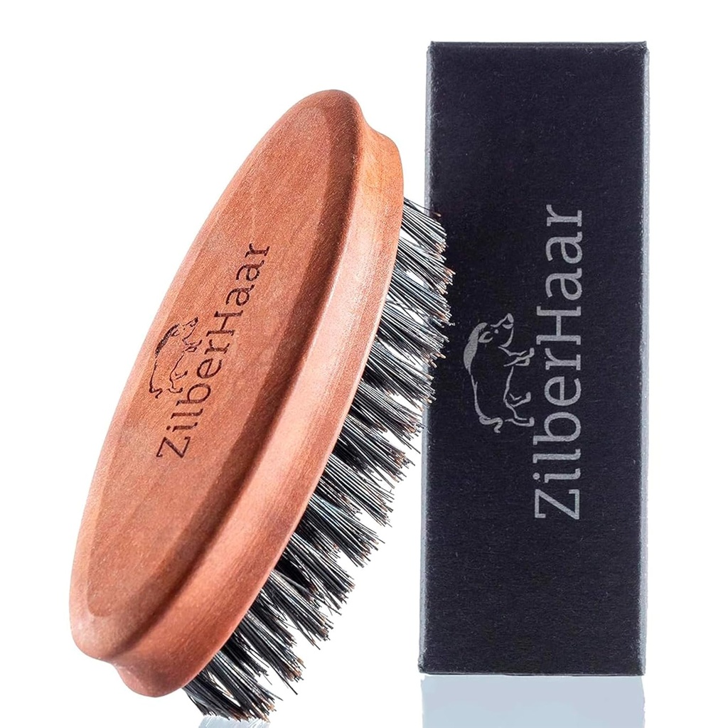 ZilberHaar Pocket Mustache und Bartbürste - Stiff Boar Bristles Small Brush - Perfect Beard Grooming Tool - Relieves Bart Itch - Short und Medium - Made in Europe