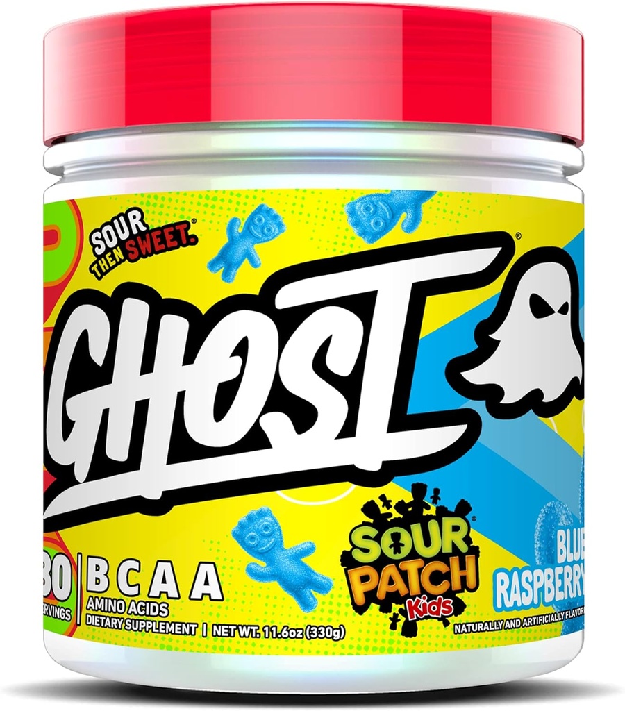 GHOST BCAA Powder Amino Acids Supplement, Sauer Patch Kids Blue Raspberry - 30 Portionen - Zuckerfreie Intra, Post & Pre Workout Amino Powder & Recovery Drink, 7G BCAA