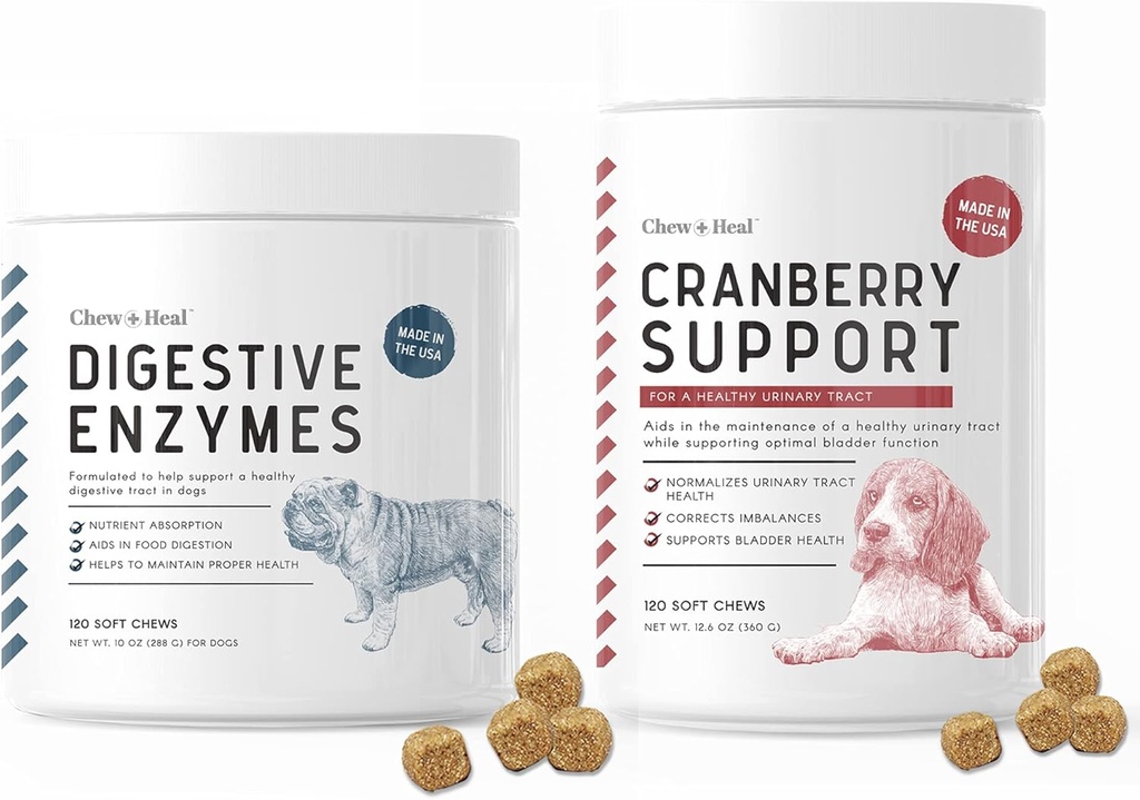 Digestive Enzymes and Probiotics and Cranberry UTI Support for Dogs - Supports Healthy Digestive Tract, Helps Nutrient Absorption - Healthy Urinary Tract and Bladder Function - 120 Soft Chews Each