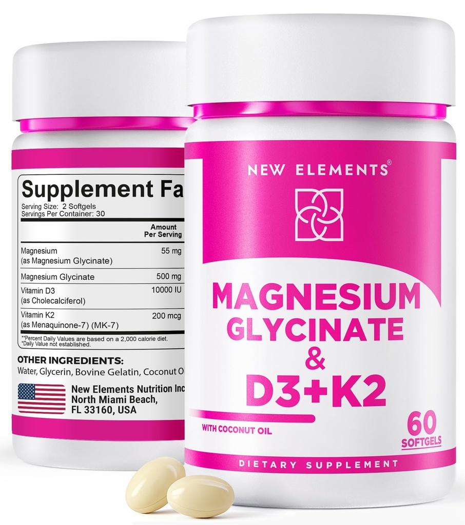 Magnesium Glycinate 500mg mit hochfestem Vitamin D3 10.000 IU & Vitamin K2 200mcg | Verbessert mit Kokosöl für optimale Absorption | Non-GMO, Glutenfrei, Sugar-Free Softgels (60 Softgels)